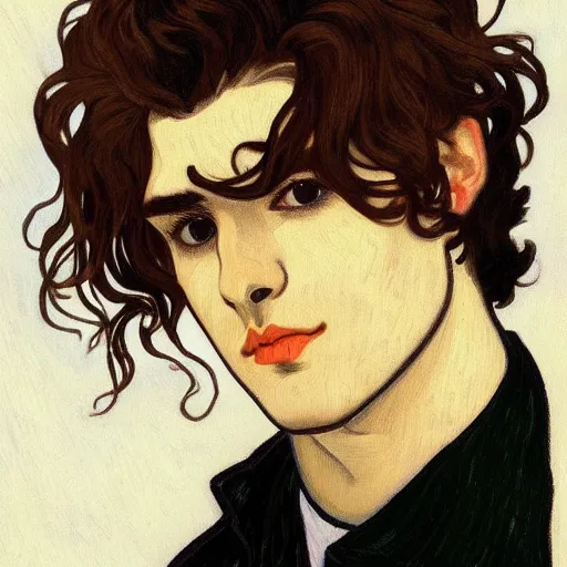 Image similar to painting of young cute handsome beautiful dark medium wavy hair man in his 2 0 s named shadow taehyung at the halloween pumpkin jack o'lantern party, depressed, melancholy, autumn, japan, elegant, clear, painting, stylized, delicate, soft facial features, delicate facial features, soft art, art by alphonse mucha, vincent van gogh, egon schiele