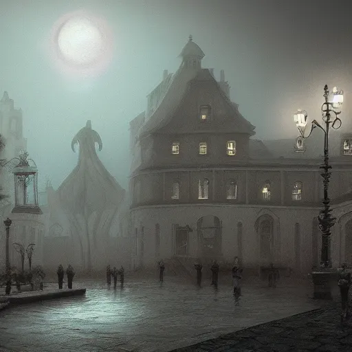 Prompt: cthulhu, lovecraftian, foggy atmosphere, old european town, realistic