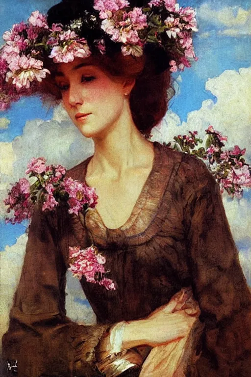 Image similar to close - up fashion woman portrait airy flowers clouds art by vasnetsov