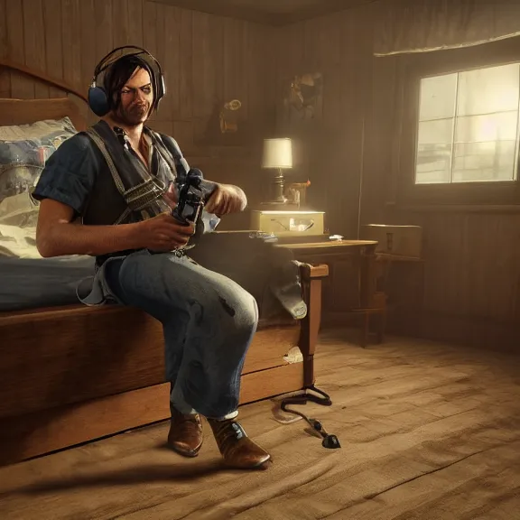 Image similar to john marston in his bedroom, playing pc games with gaming headphones on, photograph