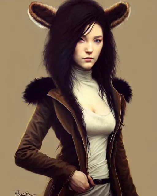 Prompt: fur - lined dragonhide jacket!!! beautiful and elegant female!! gorgeous ayes!! character concept art, sharp focus, illustration, artgerm!! greg rutkowski! wlop!! ilya kuvshinov!! charlie bowater! octane render! unreal engine 5! highly rendered!! trending on artstation!! cgi vfx!