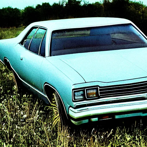 Image similar to A photograph of a beater beater beater beater beater abandoned abandoned abandoned 1976 Powder Blue Dodge Aspen in a farm field, photograph taken in 1989