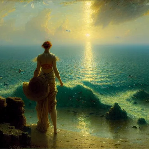 Image similar to point of view of botom of the ocean looking up, see fishes, the milk way, night time, midnight, no sunlight. highly detailed painting by gaston bussiere, greg rutkowski 8 k