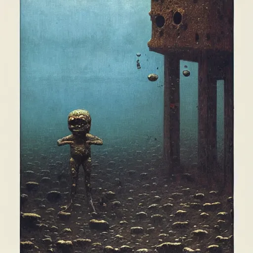 Image similar to dessicated spongebob rotting at the bottom of the sea beksinski