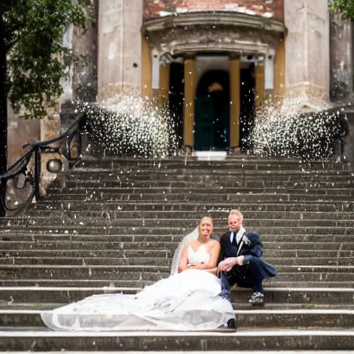 Prompt: girl in a wedding dress sitting on church steps. torrential rain and confetti. surreal