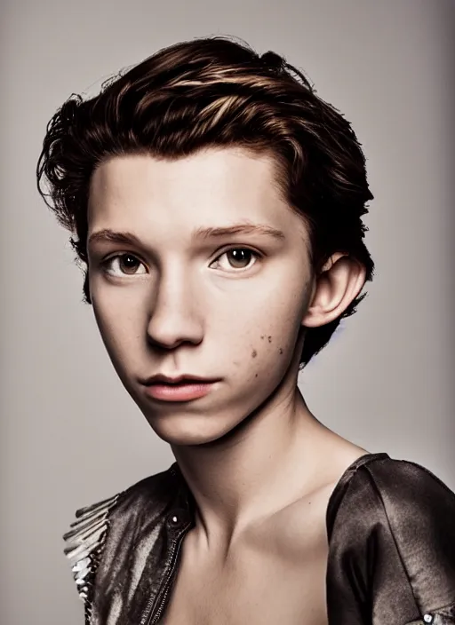 Prompt: portrait of beautiful female tom holland by mario testino, headshot, detailed, award winning, sony a 7 r