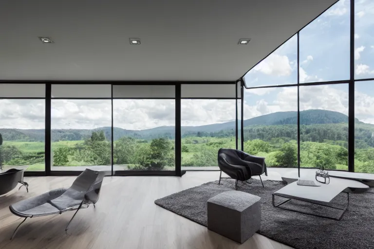 Prompt: minimalist glass house, living room design, in valley, summer, sunny, clouds, beautiful, 4 k, hd, award winning, professional