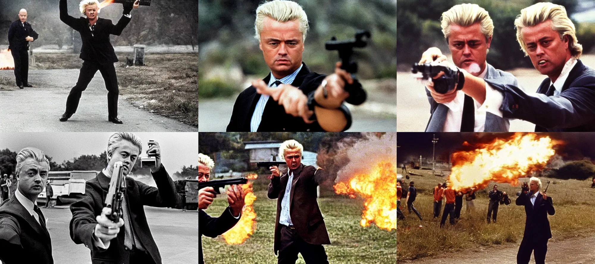 Prompt: Geert Wilders shooting a pistol, explosions, in a scene from the movie Hard Boiled 1992 directed by John Woo