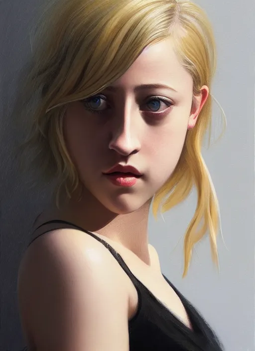 Image similar to full body portrait, teenage lili reinhart, blonde hair, obese, bangs, ponytail, sultry, realistic, sultry smirk, fluffy bangs, curly bangs, fat, belly, intricate, elegant, highly detailed, digital painting, artstation, concept art, smooth, sharp focus, illustration, art by wlop, mars ravelo and greg rutkowski