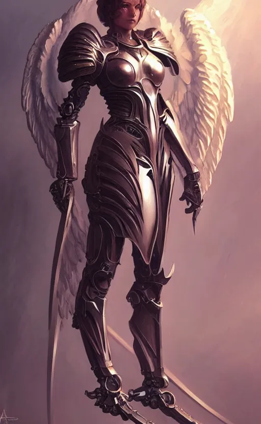 Prompt: Fantasy Concept character art of a angel female in biomechanical knight armor, sci-fi, highly detailed, digital painting, artstation, concept art, smooth, sharp focus, illustration, art by artgerm and greg rutkowski and alphonse mucha