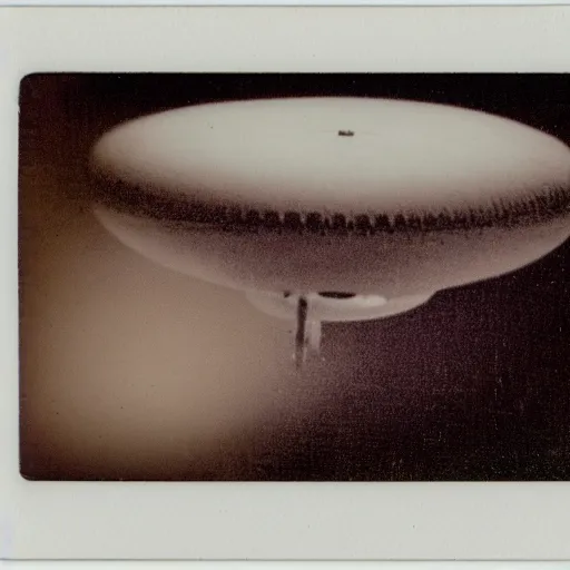 Image similar to old polaroid depicting a ufo, at a clearing, at dawn