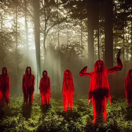 Image similar to a cult of aliens with glowing red eyes performing a séance in a haunted forest