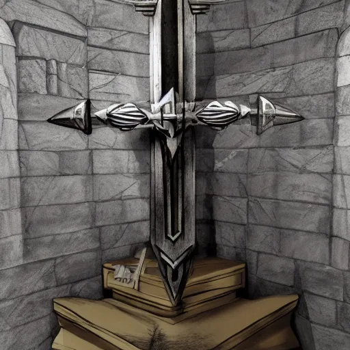 Prompt: Gungnir, the spear of Odin, laying on the pedestal in the armory of the gods, hyper-realistic
