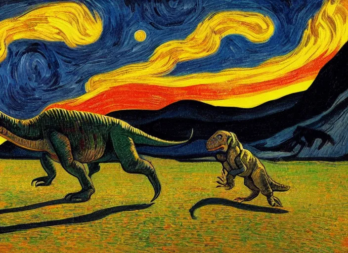 Image similar to painting of the extinction of the dinosaurs with asteroid and fire, in the style of edward hopper and vincent van gogh, dramatic lighting at dusk