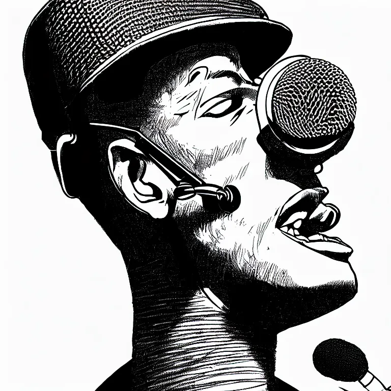 Image similar to rapping into microphone, epic angle, profile view, illustrated by Victor Moscoso