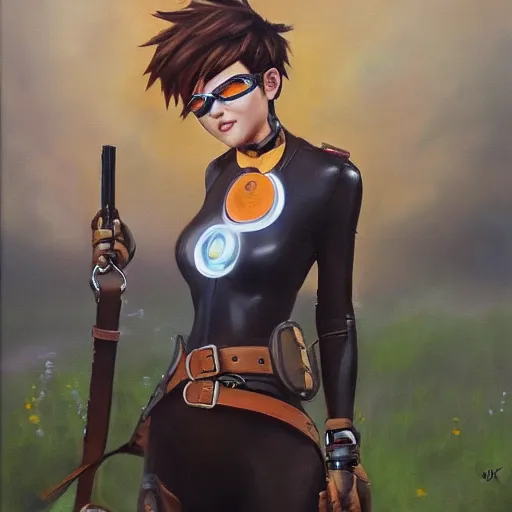 prompthunt: oil painting of tracer overwatch in a field wearing large  leather belt choker around neck, in style of mark arian, expressive face,  detailed face, detailed eyes, full body, feminine face, tracer