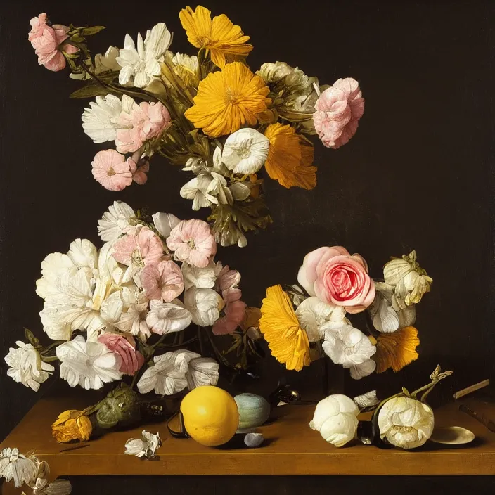 Prompt: still life painting of a beautiful bouquet of flowers by pieter claesz, oil on canvas, strong lighting, highly detailed, hyper realism, golden hour, god rays, hd, 4 k