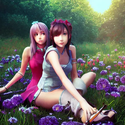 Image similar to aerith and yuffie from final fantasy 7 remake by ross tran, sitting in a flower field by ilya kuvshinov, rtx reflections, maya, extreme high intricate hyperrealistic details by wlop, medium shot, composition by sana takeda, dramatic lighting by greg rutkowski