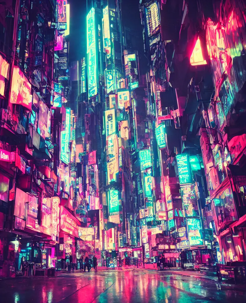 Prompt: cyberpunk city at night, night clubs and neons, rain, camera high, girl under lantern