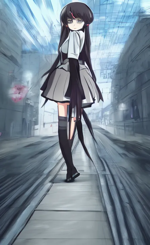 Image similar to a detailed anime girl walking towards the camera, extreme three point perspective, beautiful anime scene, professional digital art, 4k ultra