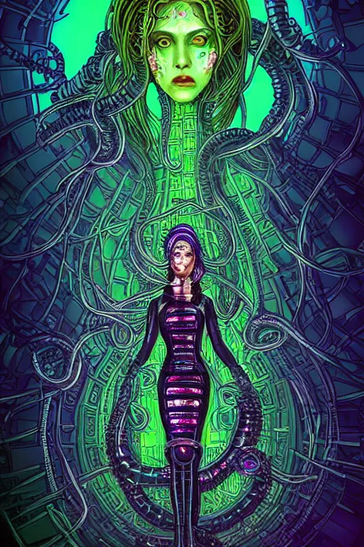 Image similar to Perfectly-centered hyperdetailed symmetrical cinematic surreal arthouse aetherpunk RPG professionally made portrait-illustration of a cyberpunk Medusa dressed in a cosmic horror dress with long ravepunk snakes as hair standing next to luminiscent otherworldly towers, neon-noir lovecraftian blurred background, HDR digital art in comic-book cover style, 3D rim light, professional post-processing, 3d final render, masterpiece, trending on Gsociety and Artstation