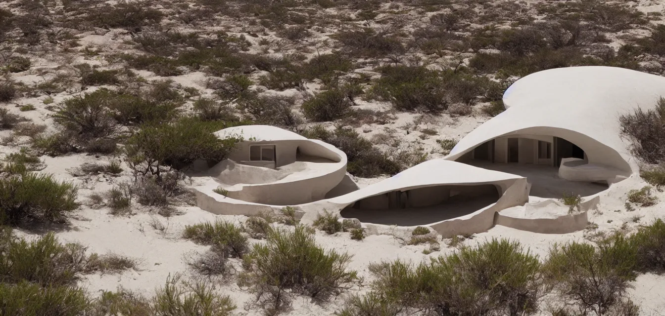 Image similar to a baja california desert by the sea, a seashell shaped house, in the style of maurice noble