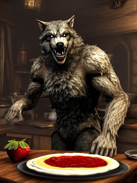 Prompt: cute handsome cuddly burly surly relaxed calm timid werewolf from van helsing sitting down at the breakfast table in the kitchen of a normal suburban home wearing a chefs apron having fun baking strawberry tart cakes unreal engine hyperreallistic render 8k character concept art masterpiece screenshot from the video game the Elder Scrolls V: Skyrim