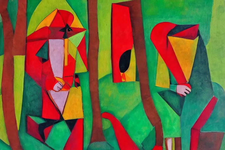 Image similar to little red riding hood walking in the forest, cubism style, painting