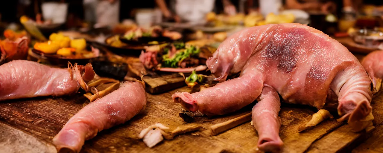 Image similar to lechon baboy, spit roast pig, depth of field, food photography, isometric, tasty, wide shot, studio, bokeh, gmaster, cooking, food, kodak, sony, canon