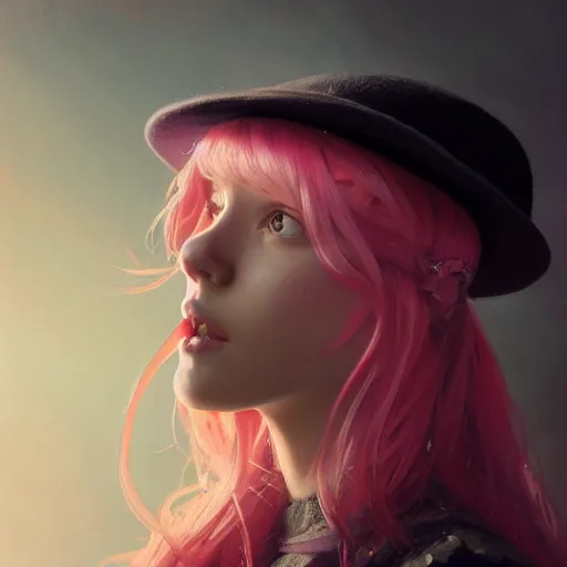 Image similar to a photorealistic dramatic fantasy render of a pink coloured haired young girl with a black wool street hat on her head by wlop, artgerm, greg rutkowski, alphonse mucha, beautiful dynamic dramatic dark moody lighting, shadows, cinematic atmosphere, artstation, concept design art, octane render, 8 k