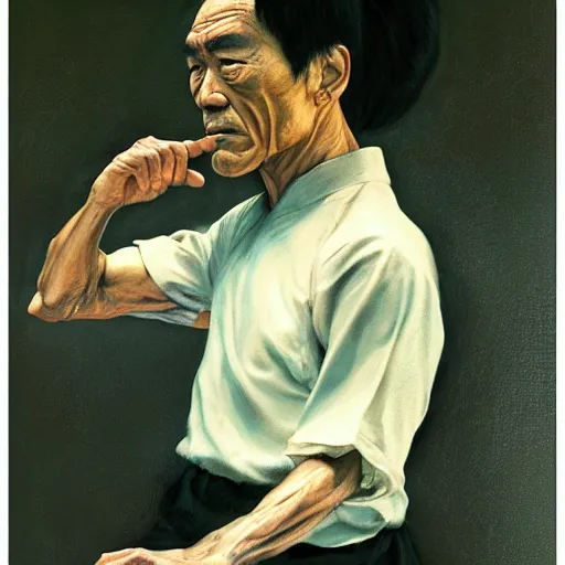 Prompt: UHD tonalism painting of elderly, old Bruce Lee, by Antonio Caparo and Ferdinand Knab and Greg Rutkowski, UHD, photorealistic, trending on artstation, trending on deviantart