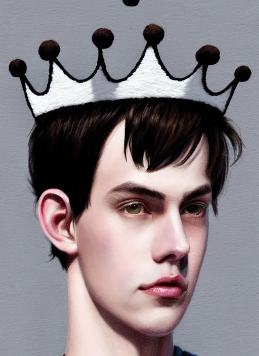 Image similar to portrait of teenage jughead jones wearing a light grey crown, photorealistic, crown made of fabric, crown, crown made of felt, black hair, intricate, elegant, highly detailed, digital painting, glowing lights, artstation, concept art, smooth, sharp focus, illustration, art by wlop, mars ravelo and greg rutkowski