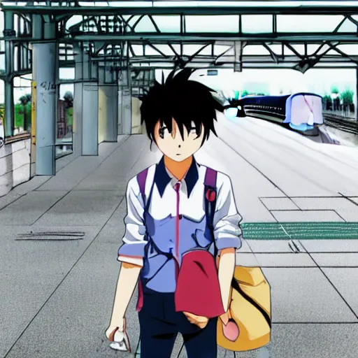 Prompt: anime boy at a train station in the style of hayato miyazaki