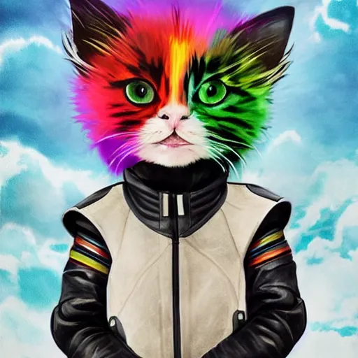 Image similar to wide angle full body, jacket wearing fluffy cute rainbow kitten wearing a black leather motorcycle jacket, riding on a motorcycle, cinematic concept art