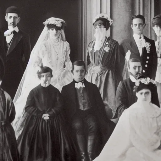 Prompt: Closeup intermediate shot, colored black and white, historical fantasy photographic image of a royal wedding of the groom who is waiting for his wife while appearing utterly afraid. An image from 1907 taken during the royal wedding's official wedding photographer's golden hour displays warming lighting. cinema, hyper realistic, ultra realistic, photorealistic, facial actuary.