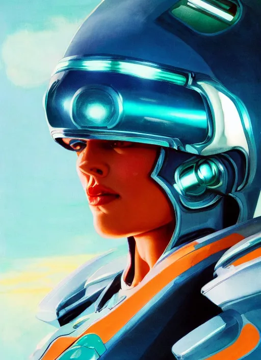 Prompt: symmetry!! dynamic pose, closeup portrait of a cyborg racer girl, high fashion cyborg jumpsuit, shoulder pads, cinematic light, backlight, teal orange, by gerald brom, clouds by mikhail vrubel, by peter elson, muted colors, extreme detail, trending on artstation, 8 k