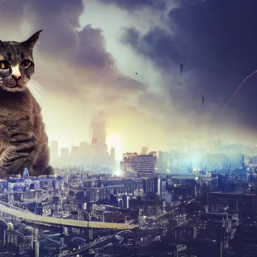 Image similar to giant cat destroying a city, explosions in the background, 4 k,