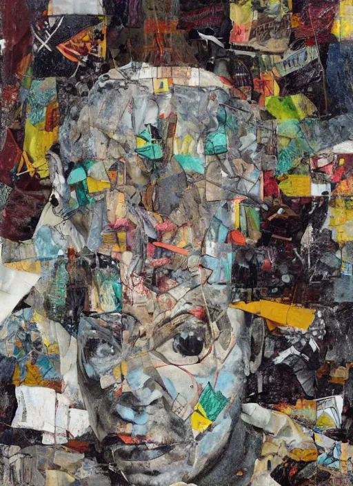 Image similar to a man with a moth mask, cardboard and scotch tape, chain, collage, acrylic on canvas, expressionism movement, breathtaking detailed, by blake neubert