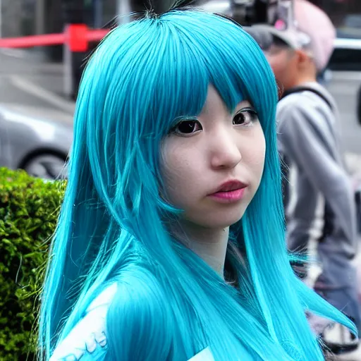 Image similar to paparazzi photo of actress miku hatsune with cyan hair