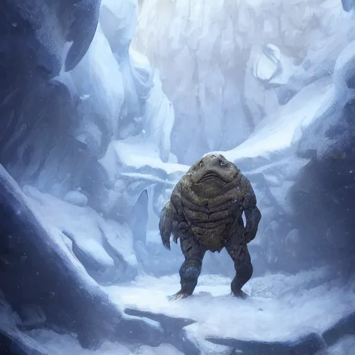 Image similar to bulky anthropomorphic turtle brute by greg rutkowski, winter, ice cave