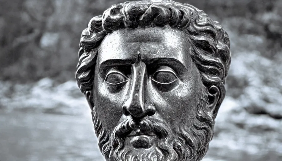 Image similar to 1 9 6 0 s movie still close up of marcus aurelius with a steel breast - plate with a white cape frozen to death by the side of a river with gravel, pine forests, cinestill 8 0 0 t 3 5 mm, high quality, heavy grain, high detail, texture, dramatic light, anamorphic, hyperrealistic, detailed hair, foggy