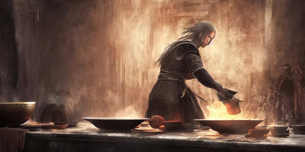 Image similar to The Firekeeper of Dark Souls 3 washing dishes in a traditional kitchen setting, digital art, 4K, ultra-realistic