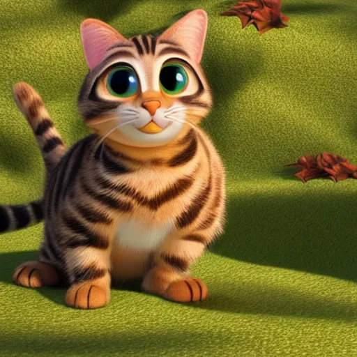 Prompt: pixar movie, brown tabby cat, 3 d, pixar _ tabby _ cat in a forest