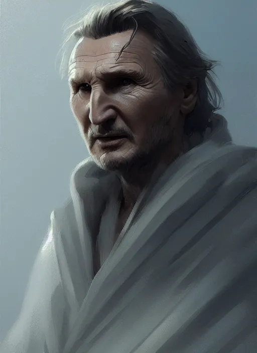 Prompt: old Liam Neeson, short beard, long hair!! robes! modern, highly detailed, digital painting, artstation, concept art, sharp focus, illustration, by greg rutkowski