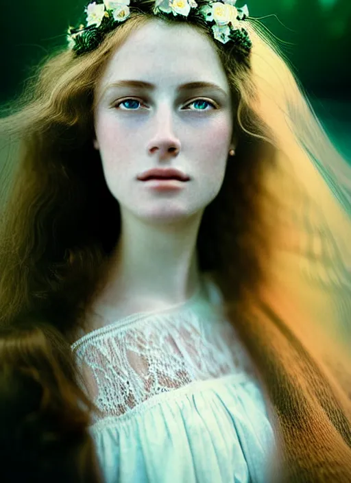 Image similar to Kodak Portra 400, 8K, soft light, volumetric lighting, highly detailed, britt marling style 3/4, extreme Close-up portrait photography of a beautiful woman how pre-Raphaelites, the hair floats on the water, a beautiful lace dress and hair are intricate with highly detailed realistic beautiful flowers , Realistic, Refined, Highly Detailed, natural outdoor soft pastel lighting colors scheme, outdoor fine art photography, Hyper realistic, photo realistic