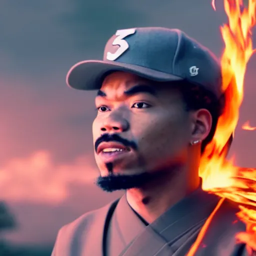 Image similar to cinematic film still of Chance The Rapper starring as a Samurai holding fire, Japanese CGI, VFX, 2022, 40mm lens, shallow depth of field, film photography