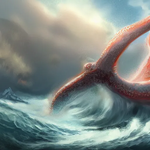 Image similar to digital artwork of a wonderful an big galion attacked by a giant octopus, rainy day an big waves. d & d, illustration, realism, trending on artstation