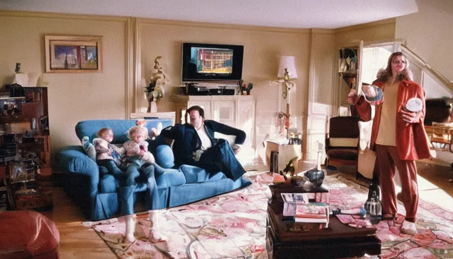 Image similar to 1990s candid 35mm photo of a beautiful day in the living room, cinematic lighting, cinematic look, golden hour, a very large, oversized magical salesman is hanging out of the TV and trying to sell the family a car, salesman is a very large giant, there is an expensive sports car in the living room, portal energy is coming out of the TV, UHD