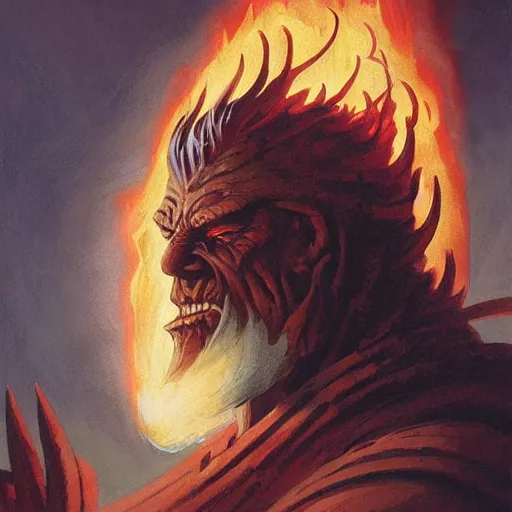 Image similar to head and shoulders portrait of a flamimg helmed fire giant, d & d, fantasy, greg rutkowski, frank frazetta, alexandre chaudret, boris vallejo, michael whelan, miro petrov, hr giger, magali villeneuve, donato giancola