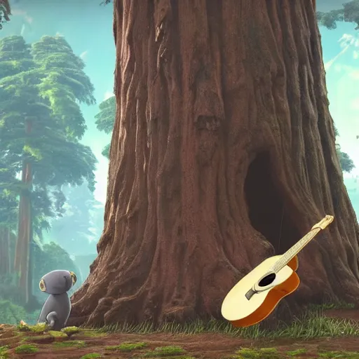 Prompt: Huge redwood tree with a koala playing a guitar, by Miyazaki Nausicaa Ghibli, breath of the wild style, epic composition Trending on Artstation, octane render, Insanely Detailed, 8k, HD